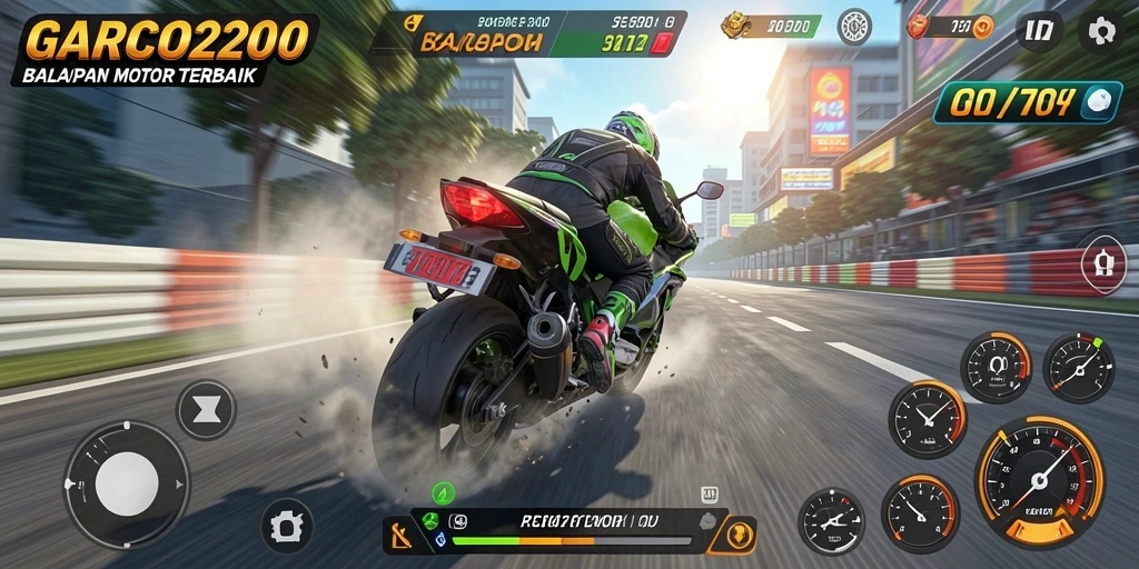 Screenshot gameplay GARCO200 menunjukkan aksi balapan motor yang mendebarkan.