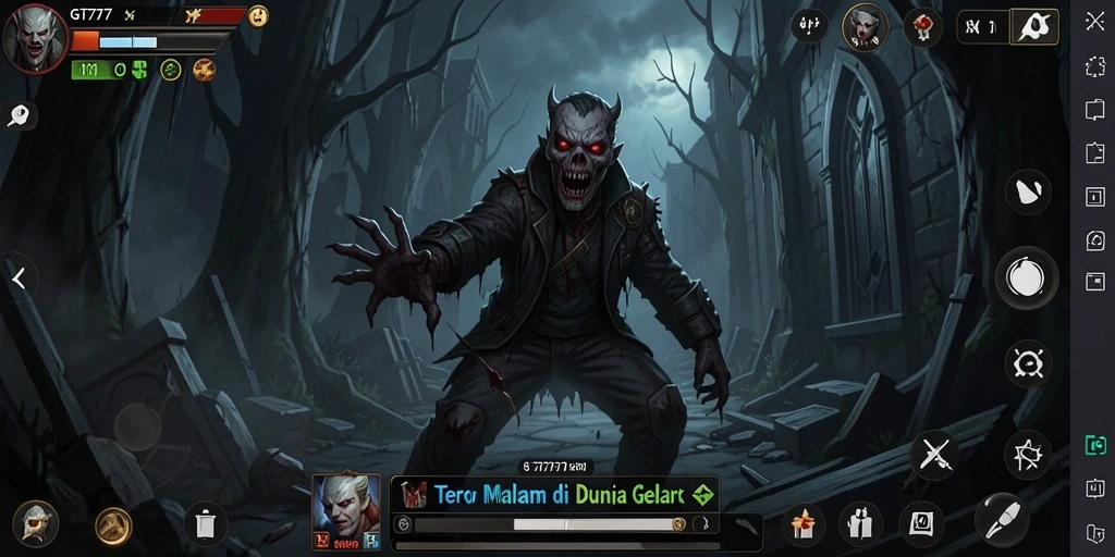 Tampilan gameplay seram dari GT777 dengan nuansa gelap.